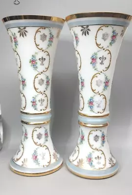 Buy Stunning Vintage Bohemian Hand Painted Floral Gold Accents Glass Vases Pair • 93.15£