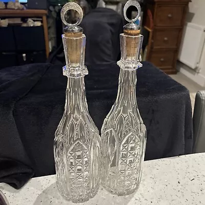 Buy Antique Pair Of Cut Glass Crystal 31cms Decanters W/Silver Corks Marked Brandy • 29£
