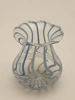 Buy  Antique Art Glass Small Vase Very Thin Glass Blue Stripe  • 15£