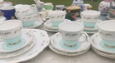 Buy Pretty Vintage Tea Set Turquoise White And Gold Harleigh Bone China 20 Pieces • 44.99£