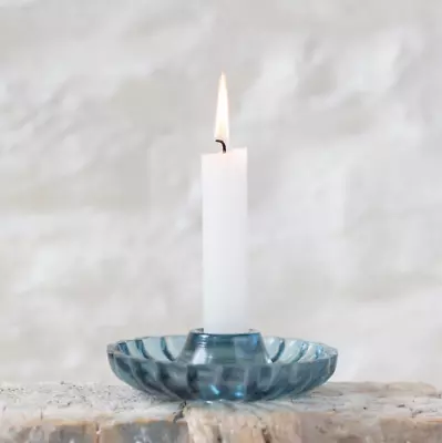 Buy Blue Candlestick Holder, Small Round Coloured Glass Scalloped Candle Holder • 8£
