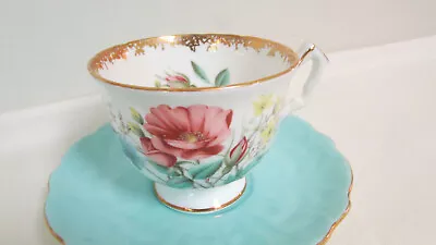 Buy Ansley Bone China England C & S Set- Multi Flower Cup/Turquoise Saucer-Gold Trim • 11.20£