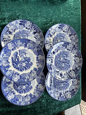 Buy Set Of 6 Enoch Woods English Scenery Rose Border Blue & White Small Dinner Plate • 29£