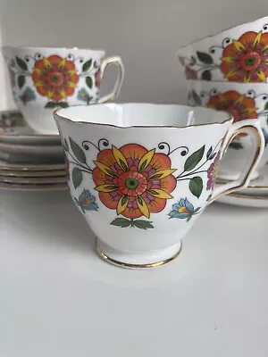 Buy Vintage Royal Sutherland  4 Tea Cups And Saucers And Plates Fine Bone China Red • 17.20£