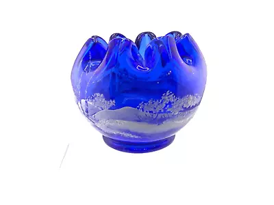 Buy Signed Fenton Art Glass Crimped Bowl Cobalt Blue Hand PaInted Winter Scene 4” • 46.60£