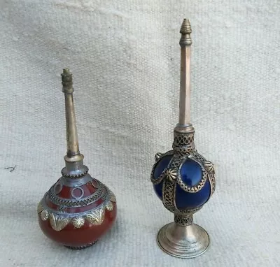 Buy Antique Moroccan A Pair Of Perfume Bottle..turquoise Glass & Pottery Brass   • 140.71£