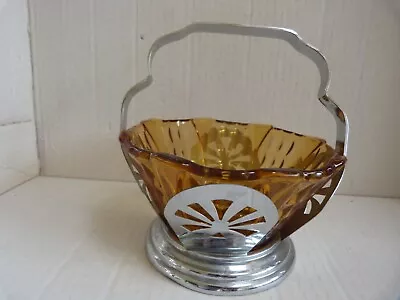 Buy Large Art Deco Sugar Bowl Or Bonbon Dish, Amber Glass And Chrome 5  Across Top • 3£