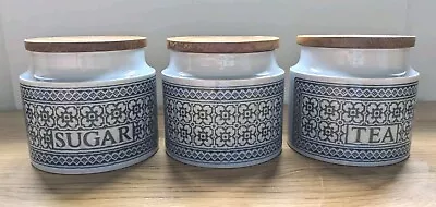 Buy Vintage 3 X  Blue Hornsea Tapestry Ceramic Storage Jars Set Wooden Lids • 25£