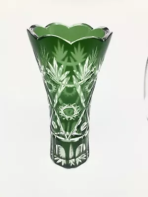Buy Antique Early Bohemian Czech Cut Crystal Green Clear Vase 7  • 64.30£
