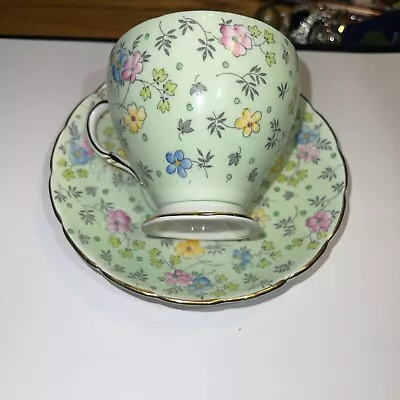 Buy Vintage EB Foley “1850” Bone China Cup & Saucer Pale Green W/Flowers # 2180 • 18.63£