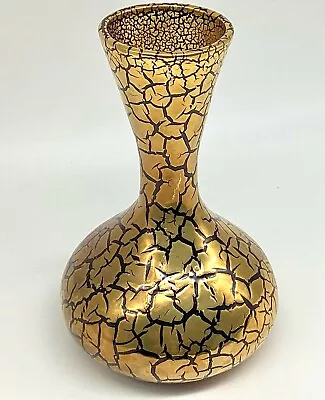 Buy Vintage Art Glass Vase Black And Gold Crackle Overlay MCM Signed • 23.29£