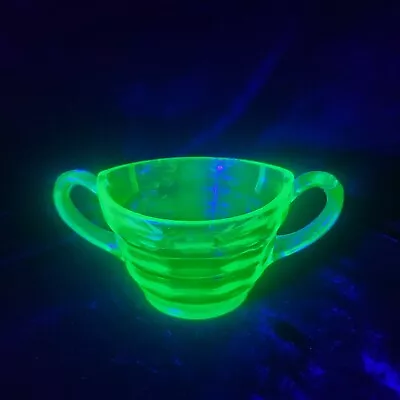 Buy Vintage Green Depression Glass Sugar Bowl Optic W/ Etched Blossom And Handles • 13.97£