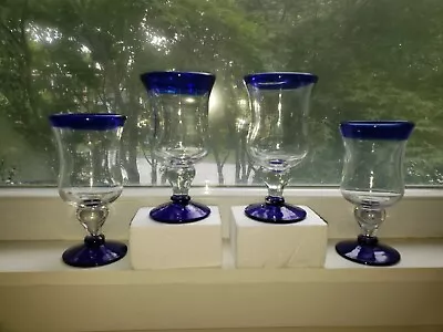 Buy Hand Blown Mexican Glasses/Goblets Cobalt Blue Rimmed~Set Of 4 • 23.30£