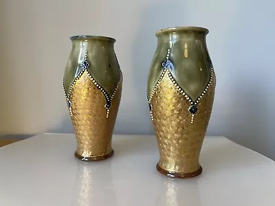 Buy Pair Of Beautiful EARLY COBALT GILT SWIRL ROYAL DOULTON POTTERY VASE • 80£