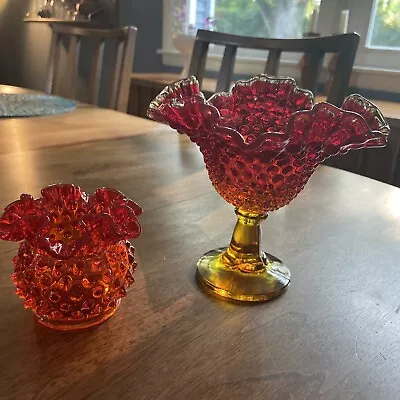Buy Fenton Glass Hobnail Amberina Red Ruffled Edge Compote And Votive 2pc Set • 31.69£