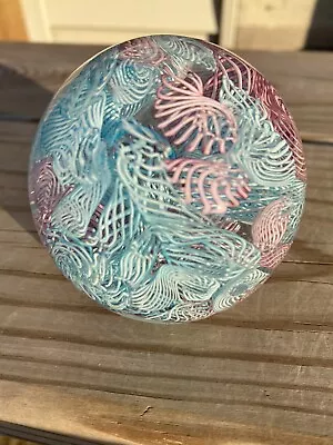 Buy Small Robin Egg Blue Pink Latticino Swirl Paperweight Glass Round • 54.05£