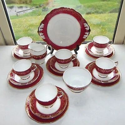Buy Salisbury Fine China Pattern 2004  21 PC Cups Saucers Plates Bowl Red Gilt • 35£