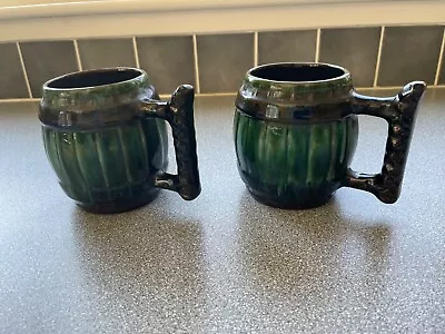 Buy Pair Of Blue Mountain Pottery Canada - Green & Black Glaze Barrel Mugs Tankards • 39.99£