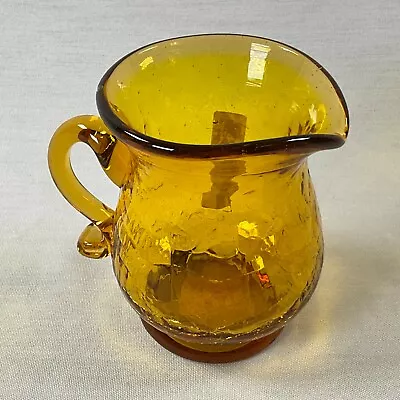 Buy Vintage Amber Crackle Glass Small Pitcher Vase Hand Blown With Applied Handle • 12.11£