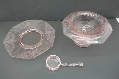 Buy Pink Depression Etched Glass Footed Condiment Bowl Dish W/ Plate & Ladle  KC • 85.69£