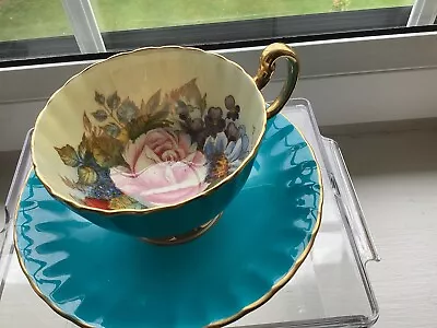 Buy Aynsley Turquoise Cabbage Rose Cup And Saucer Signed J A Bailey • 150£