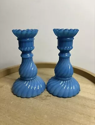 Buy Pair Of Antique French Turquoise Blue Opaline Milk Glass Candle Sticks Vintage • 70£