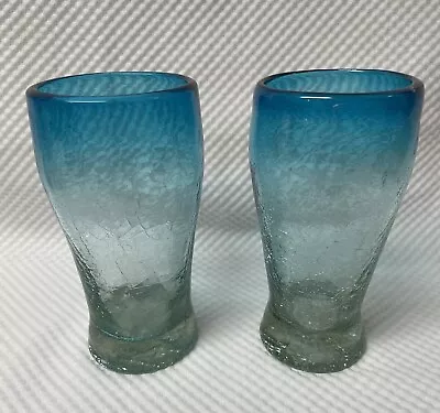Buy Set Of 2 Crackle Glass 6” Tumblers Turquoise Fade To Green Glass Made In Mexico • 11.20£
