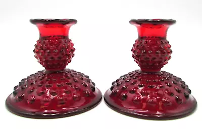 Buy Fenton Amberina Ruby Red Pair Of Hobnail Glass Vintage Candlesticks Glows • 27.02£