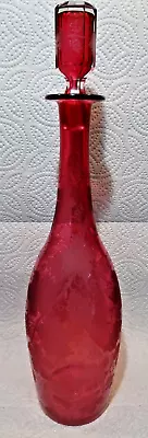 Buy Antique Bohemian Etched Vines Cranberry Glass Decanter • 22£