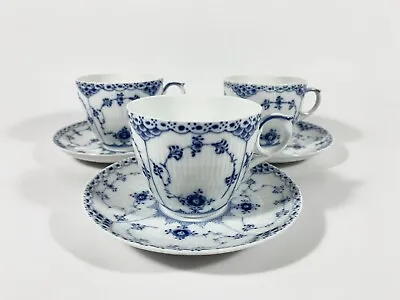 Buy 3x Royal Copenhagen Blue Fluted Half Lace 703 Tea Cups & Saucers Set • 243.93£