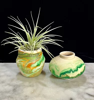 Buy Vintage Nemadji Pottery Hand Made Native Clay Swirl Bud Vases Set 2 USA • 19.57£