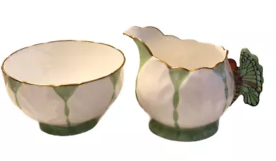 Buy Beautiful Butterfly Handle Ansley Art Deco  Cream Jug & Sugar Bowl Green & White • 115£