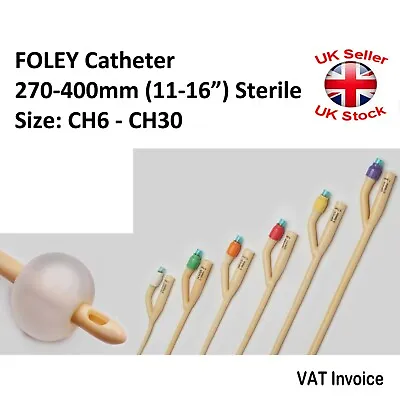 Buy FOLEY Hollow Tube Urine STERILE Drainage Urinary Two Way 270-400mm Size CH6-CH30 • 2.89£