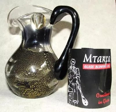 Buy Vintage Signed Malta Mtarfa Glass Jug - Black  24 Carat Gold Leaf  - Label - Tag • 20£