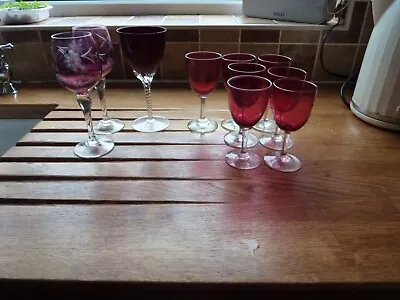 Buy A Large Quantity Of Victorian Cranberry Glass Sherry Glasses And Wine Goblets. • 5£