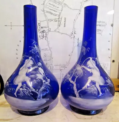 Buy A Matched Pair Of Antique Bohemian Kralik Mary Gregory Cobalt Blue  Glass Vases • 25£