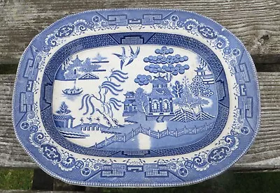 Buy Antique Blue & White Transferware - Willow Pattern Platter 15 1/2  Crown Patent • 19.99£