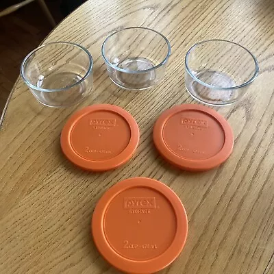 Buy Lot Of 3 Pyrex 7200 Glass Food Storage Bowls With Orange Lids 2 Cup 470mL EUC • 12.12£