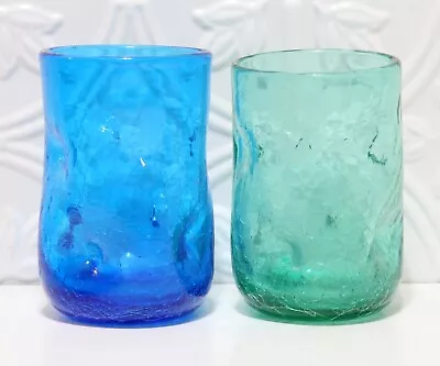 Buy 2 Vintage Studio Art Glass Tumblers Hand Blown Crackle Glass Blue & Green 4.5  • 13.07£