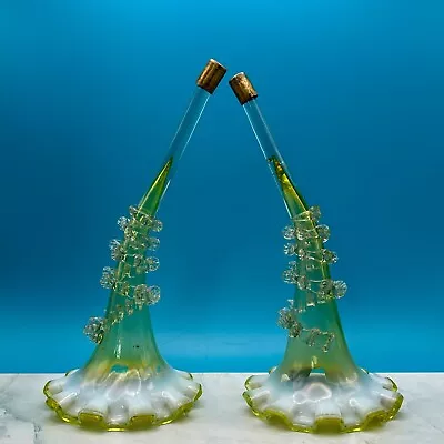 Buy Pair Of Victorian Green Glass Epergne Flute With Ruffle Decoration • 85£
