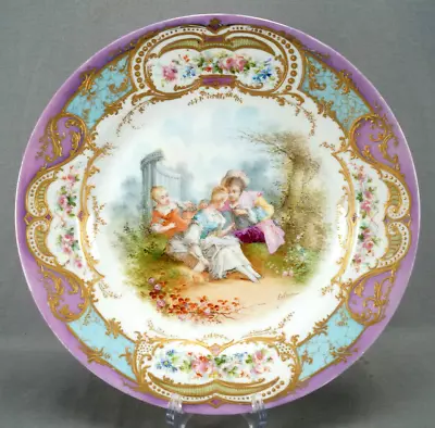 Buy Sevres Style Lebrun Hand Painted Watteau Scene Raised Gold Floral Charger Plate • 617.40£