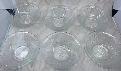 Buy Set Of 6 KIG Indonesia Glass Bowls Clear Roses Panels Cross Hatch Pattern 7in • 13.97£