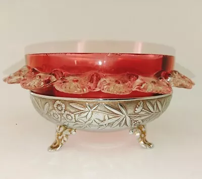Buy Vintage Victorian Cranberry Glass Candy Dish Bowl On Metal Stand  • 8£