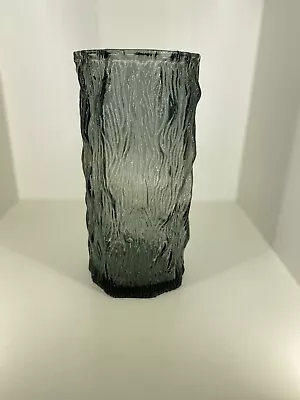 Buy Vintage 1970s German Ingrid Glashutte Bark Texture Smokey Grey Vase 20cm Tall. • 25£