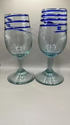 Buy Beautiful Hand-Blown Mexican Cobalt Blue Spiral Wine Art Glass Goblets Set Of 2 • 15£