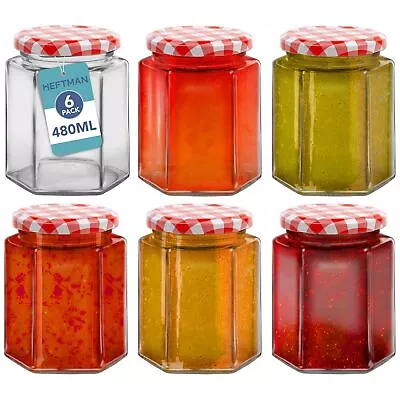 Buy HEFTMAN Hexagonal Jam Jars 480ml Glass Red Gingham Lid Preserve Pots 6 Pack • 9.99£