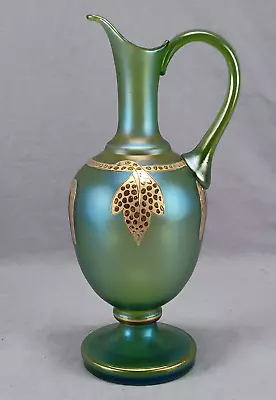 Buy Antique Bohemian Green Iridescent & Raised Gold Leaves Ewer C.1900-1905 • 229.10£