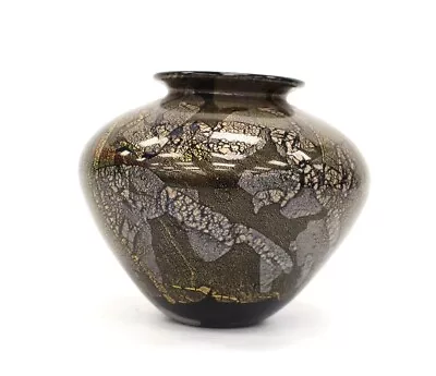 Buy Vintage ISLE OF WIGHT Studio Glass 'Azurene' Black & Gold SQUAT VASE - E31 • 9.99£