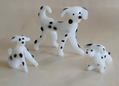 Buy Dalmatian Glass (?) Miniature Small Ornaments White Spotty Dog And Two Puppies • 5£