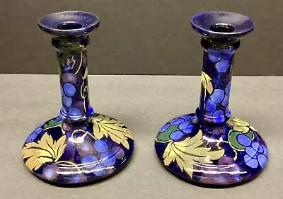 Buy Royal Stanley Jacobean Ware 2 Candle Sticks Grape Motif UK 1903-1928 Cobalt Blue • 279.57£